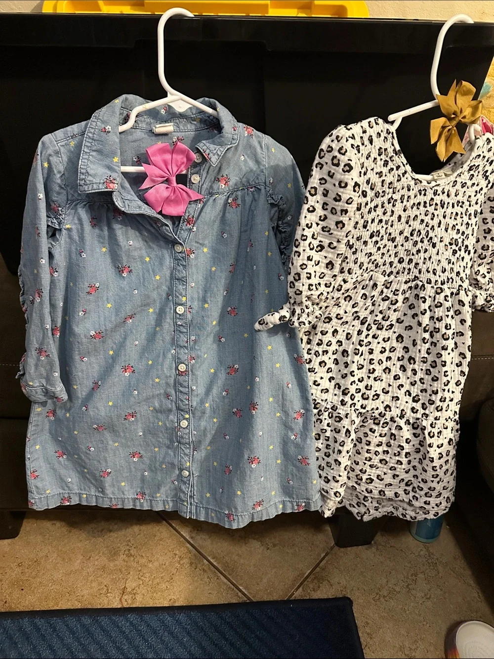 Denim-look Floral Button-Up Dress with Pink Bow and Jessica Simpson animal print